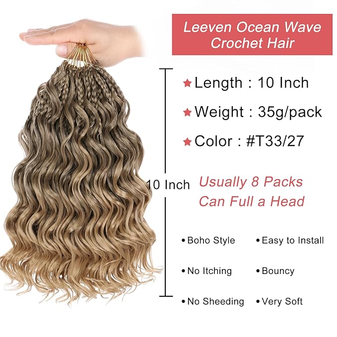 Leeven Boho Ocean Wave Crochet Hair 10 Inch 8 Packs Pre Looped Curly Crochet Hair Short Ocean Braids Pre Twisted Synthetic Deep Wavy Crochet Hair for Women #T33/27