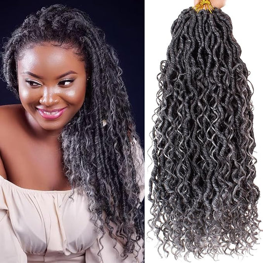 COOKOO Ombre Grey Bohemian Locs Crochet Hair 18 Inch 8 Packs Crochet Goddess Locs for Black Women Boho Faux Locs Crochet Hair Pre Looped Crochet Locs with Curly Ends River Locs Hair Extentions Tgrey#