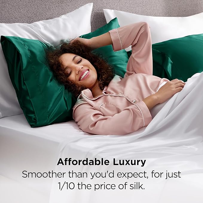 Bedsure Satin Pillowcase 2 Pack Similar to Silk Pillow Cases Standard Size, Pillow Case with Envelope Closure,Green Home Decor Gifts for Women Men, Dark Green, 20x26 Inches, 2pcs