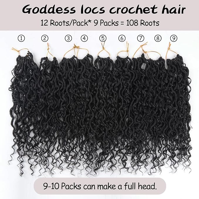 Goddess Locs Crochet Hair 18 Inch 9 Packs Synthetic Faux Locs Crochet Hair for Black Women, River Locs Hair Extensions Style Pre looped Crochet Locs with Curly Ends