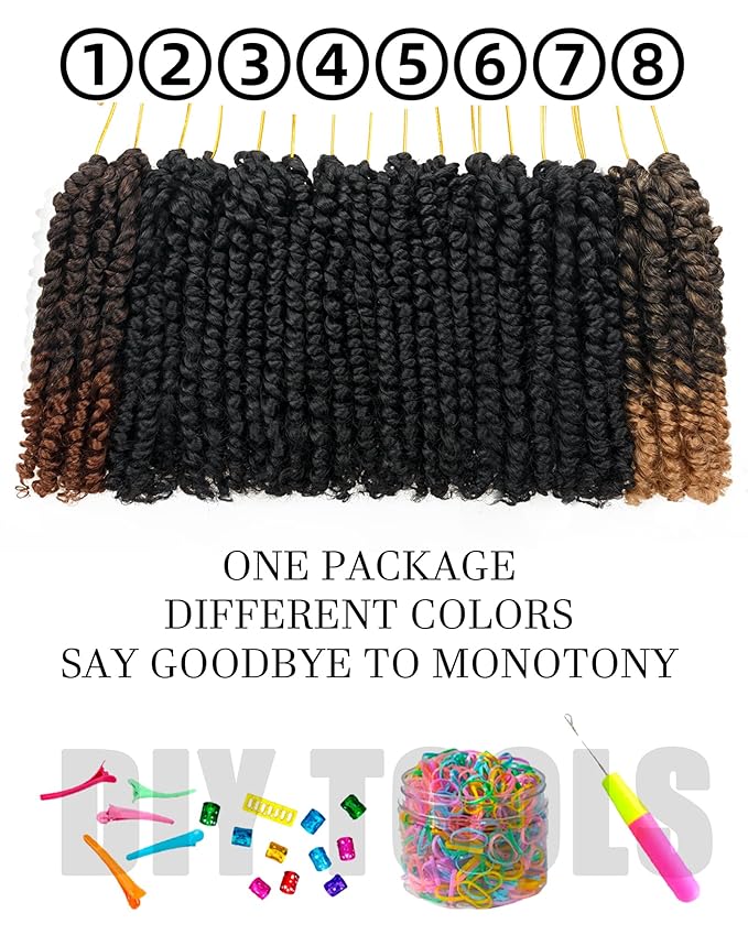 6 Inch 8 Packs Mixed Colors Combo Pack,Pre Looped Pretwisted Passion Twist Crochet Hair- Super Short Crochet Hair Extensions Braided by Synthetic Spring Kinky Twist Bohemian Curls(1B+T27+T30)