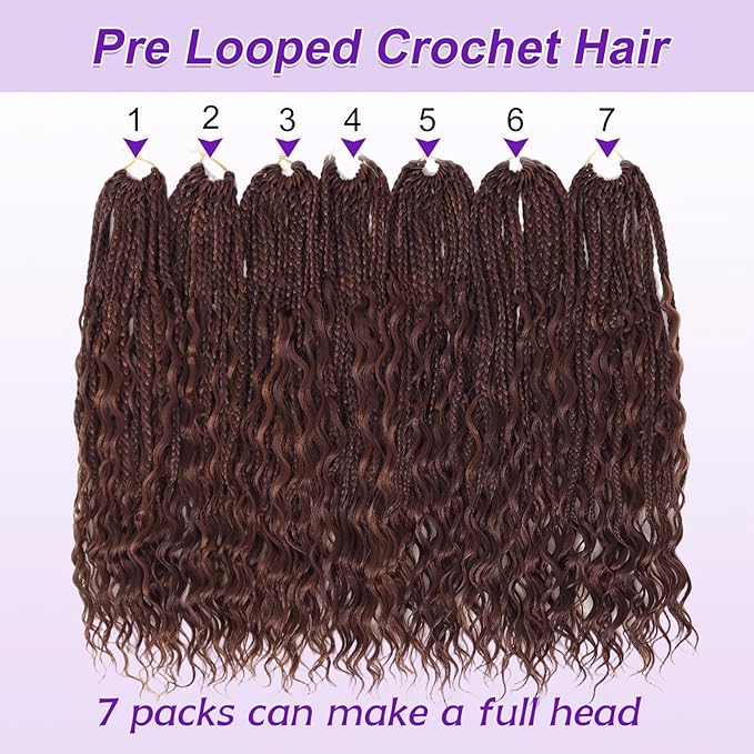 Eacia Goddess Box Braids Crochet Hair 18 Inch 7 Packs Pre Looped Boho Crochet Hair Extensions for Women Braids with Curly Ends (18 Inch, P33/30#)