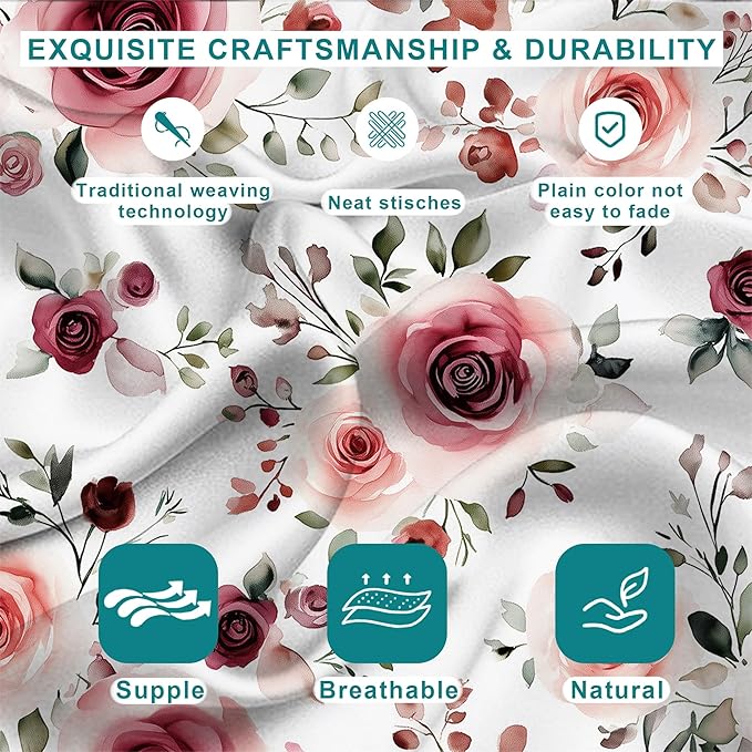 Satin Pillowcase Rose Flowers and Leaves Similar to Silk Pillow Cases for Hair and Skin, 1 Pack Soft Smooth Breathable Cool Pillow Cases, Queen Size with Hidden Zipper 20" x 30"