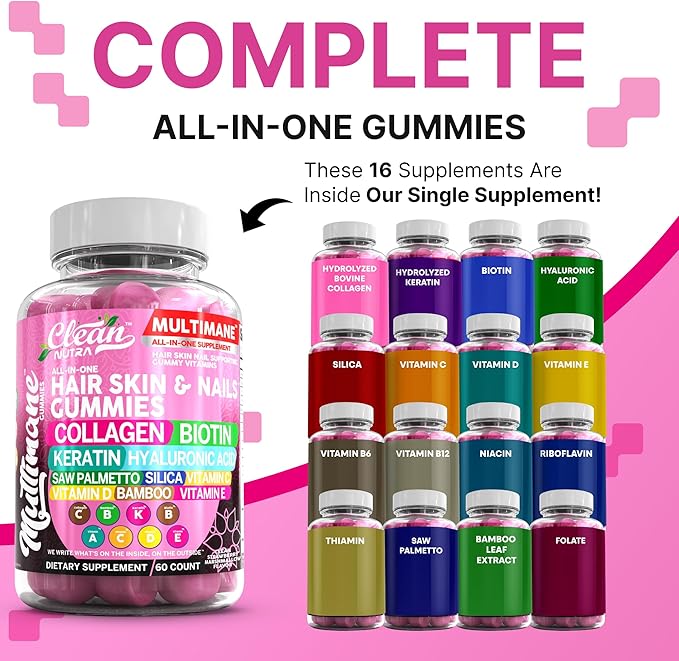 Clean Nutraceuticals Biotin Collagen Keratin Gummies | Hair Skin and Nails Vitamins for Women | Hyaluronic Acid Bamboo Vitamin A C D3 E Folate with Saw Palmetto Silica B3 B12 Vegan Gummy