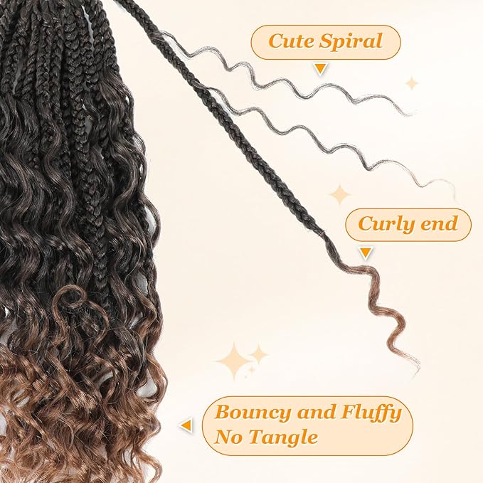 14 Inch Goddess Box Braids Crochet Hair Curly Ends 9 Packs Pre Looped Boho Crochet Box Braids Bohemian Box Braid Crochet Hair For Black Women (14Inch 9 Packs,T30)