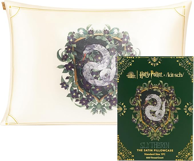 Kitsch x Harry Potter Slytherin Satin Pillowcase with Zipper – Double-Sided Crest Design – Better Than Silk Pillowcase – Perfect for Kids Rooms & Toddler Bed Time Pillow Case –Queen/Standard 19x26