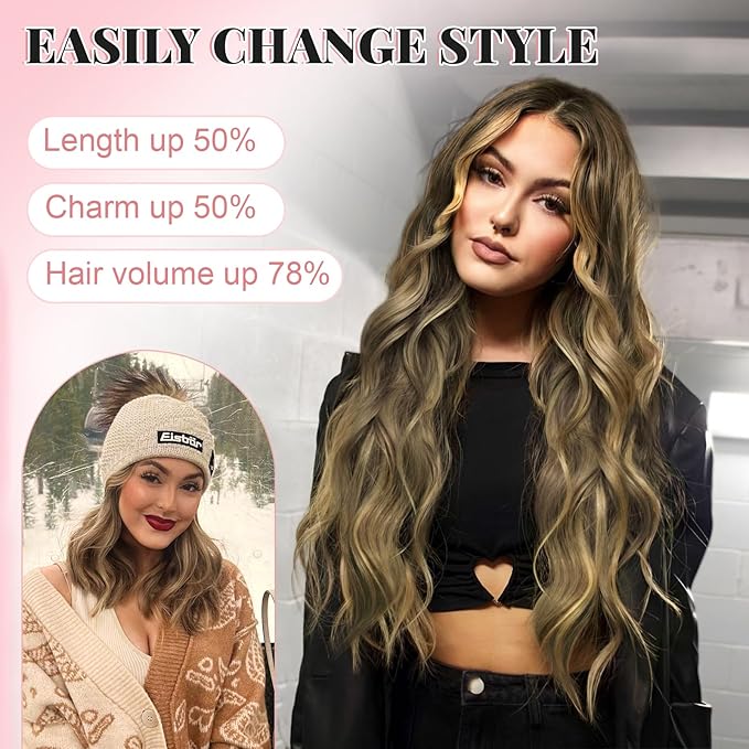 ALXNAN Clip in Long Wavy Synthetic Hair Extension 20 Inch Brown with Highlights 4PCS Thick Hairpieces Fiber Double Weft Hair for Women