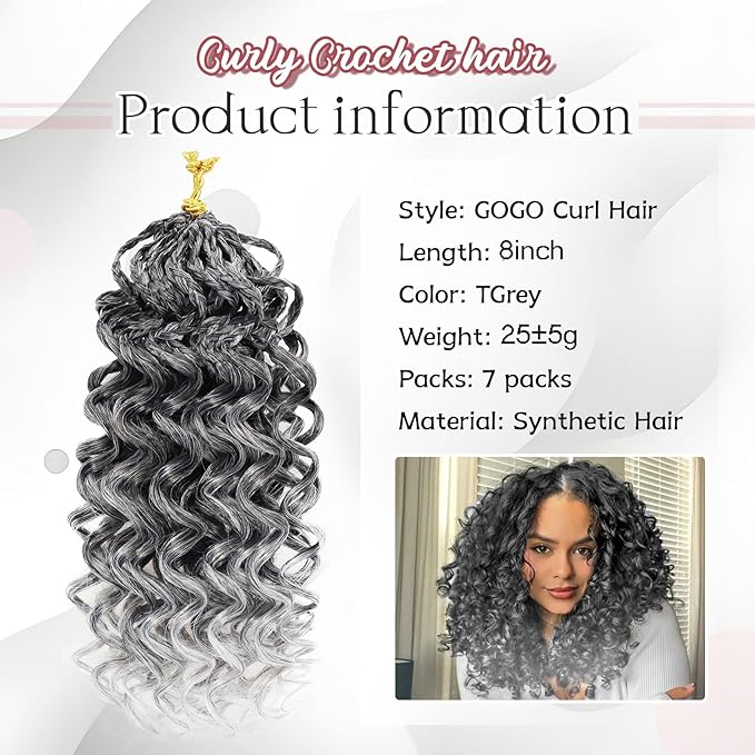 7 Packs Gogo Curl Grey Crochet Hair for Women 8 Inch Pre-Twisted Curly Crochet Hair Pre Looped Deep Ocean Water Wave Beach Curl Crochet Braids Synthetic Braiding Hair Extensions (8 Inch, 1B/Gray)