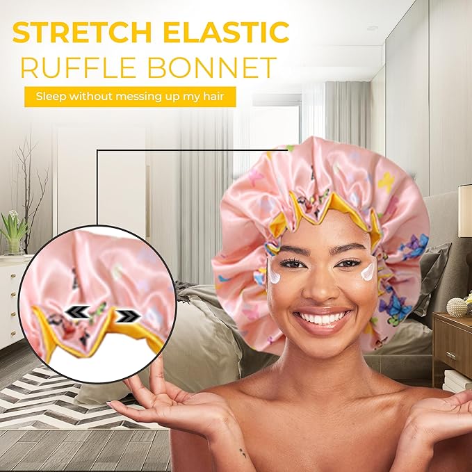 Discover Premium Ruffle Silk Satin Sleeping Bonnets Hair, Moisture Retention, and All-Night Comfort.