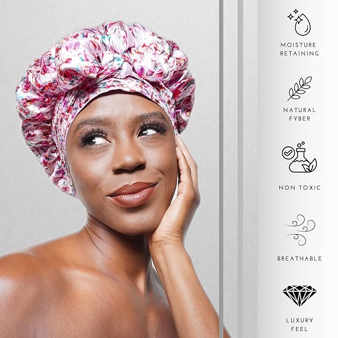 100% Mulberry Silk Bonnet for Sleeping with Ties – Adjustable 19 Momme Double-Layer Reversible Hair Wrap – Stay-On Sleep Bonnet for Women, Long Curly Hair, Natural Hair Care, Real Silk Night Cap – Handmade in USA (Floral)