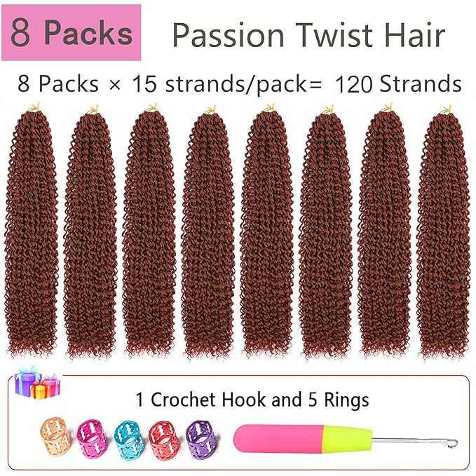 Alrence Passion Twist Hair Ginger 18 Inch 8 Packs Water Wave Crochet Hair Curly Braiding Hair Long Spring Twist Hair Crochet Braids Synthetic Hair Extension (18 Inch (Pack of 8), 350#)