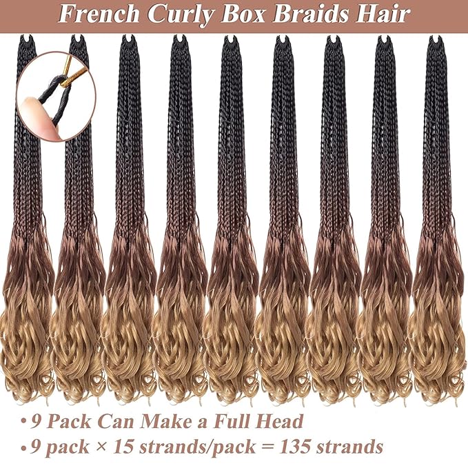 9 Packs French Curl Crochet Braids 18 Inch Ombre Brown Honey Blonde Goddess Box Braids Pre Looped Crochet Hair Synthetic Bouncy French Curly Braiding Hair for Women