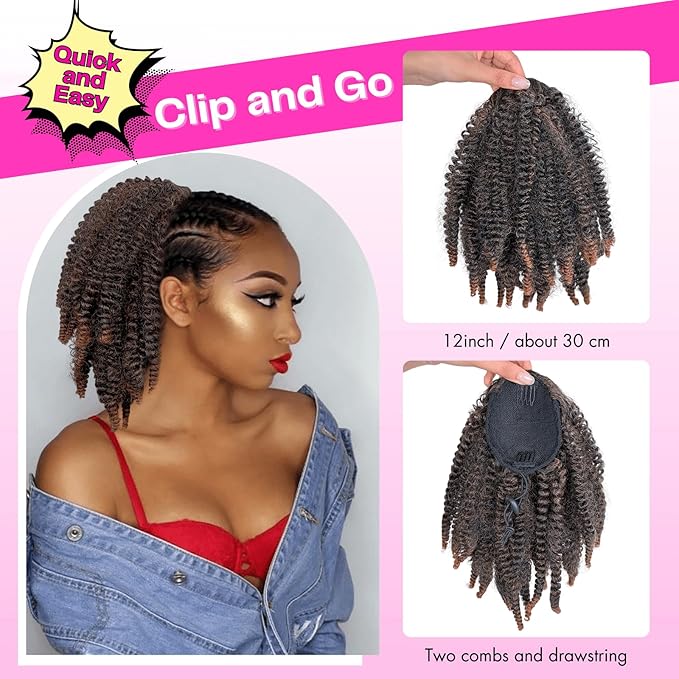 Short Marley Hair Drawstring Ponytail Ombre Brown 4C Afro Puff Bun Braiding Ponytail Hair with Clips Synthetic Afro Kinky Curl Pony Tail Hairpiece for Black Women - T30#, 12"