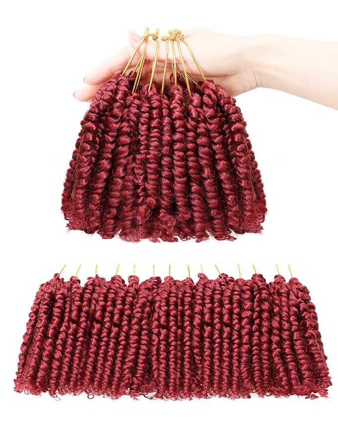 Short Passion Twist Crochet Hair for Black Women and Kids,Pre-Twisted Pre Looped Passion Twist Hair,4 Inch 8 Packs Burgundy Short Bob Spring Twist Bohemian Braids,Curly Hair Extensions(4"-8P,BUG)