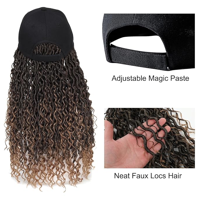 Braided Baseball Cap Wig Faux Locs Hair Extensions with Hat Ombre Light Brown Cap Wig with 18inch Long Synthetic Braiding Hair Attached for Women (18inch T/brown)
