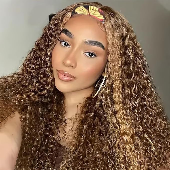 Highlight Ombre Headband Wig Human Hair Curly Glueless None Lace Front Headband Human Hair Wigs for Black Women #4/27 Brazilian Deep Wave Headband Wig 22 Inch
