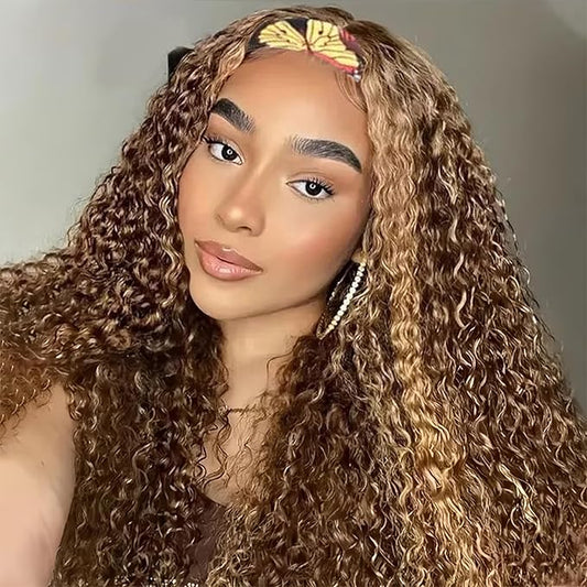 Highlight Ombre Headband Wig Human Hair Curly Glueless None Lace Front Headband Human Hair Wigs for Black Women #4/27 Brazilian Deep Wave Headband Wig 22 Inch