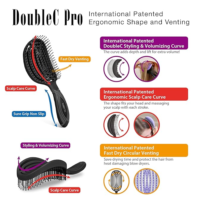 NuWay 4HAIR® DoubleC PRO® U.S. Patented Double Curved Detangling Brush is Hair Dryer Safe (Iron Black)