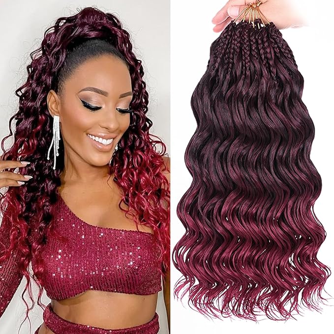 Leeven 14 Inch Pre Looped Curly Crochet Hair 8 Packs Ombre Red Boho Ocean Wave Crochet Hair Burgundy Short Ocean Braids Pre Twisted Synthetic Deep Wavy Crochet Hair for Women