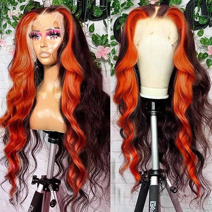 200% Density 13X6 Ginger Lace Front Wigs Human Hair Pre Plucked for Women Ombre 13X6 HD Transparent Ginger Orange Lace Front Wigs Human Hairs Glueless Ginger Colored Wigs Human Hair (24Inch)