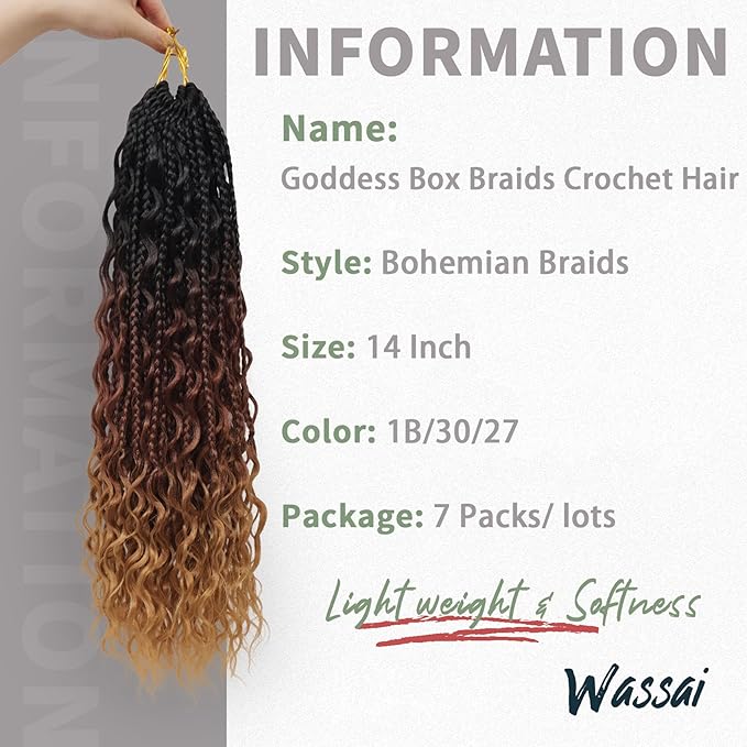 14 Inch Boho Crochet Braids 7Packs Goddess Box Braids Crochet Hair for Women Pre Looped Bohemian Hippie Braiding Hair Extensions, 1B/30/27
