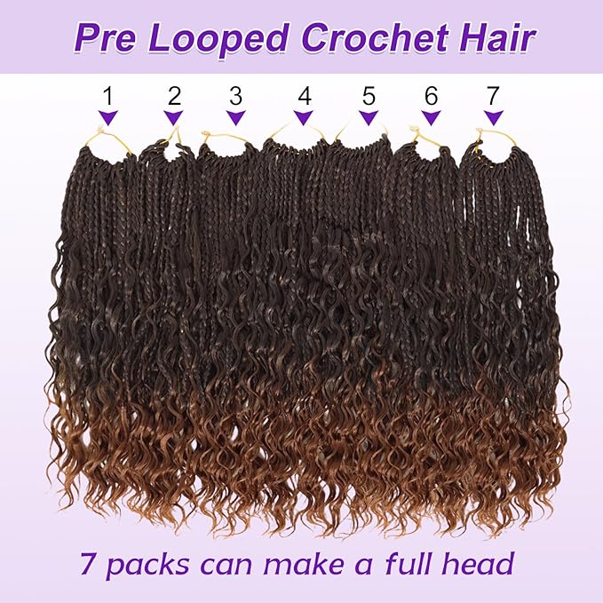 Eacia Goddess Box Braids Crochet Hair 14 Inch 7 Packs Boho Box Braids Pre looped Curly Bohemian Crochet Hair Extensions with Curly Ends for Women(14 Inch, T1B/30#)