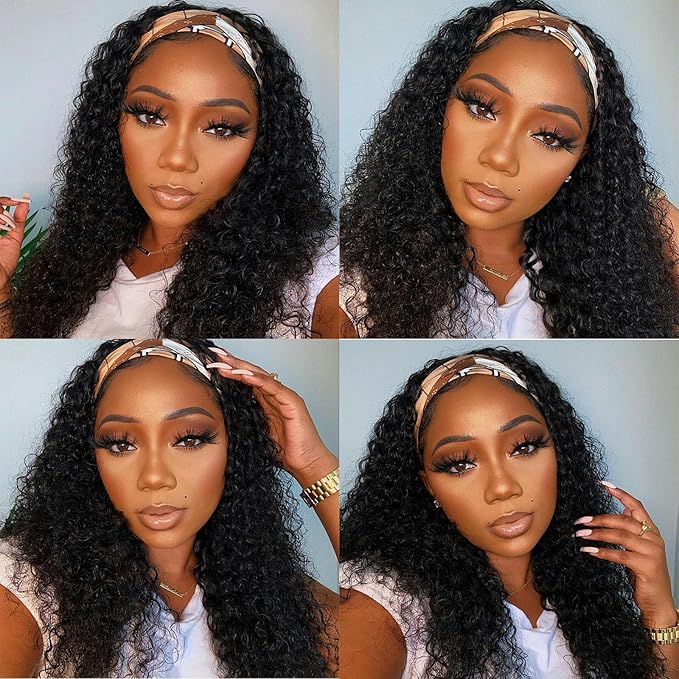 Headband Wig Human Hair Deep Wave 24 Inch Headband Wigs for Black Women Glueless Wear and Go Machine Made Curly Human Hair Headband Wigs
