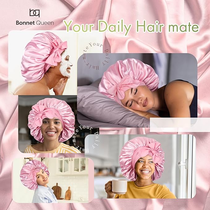 BONNET QUEEN Silk Bonnet for Sleeping Women Big Satin Bonnet Night Sleep Cap Wrap for Curly Hai rwith Adjustable Tie Band, Single Layer, Large, Pink