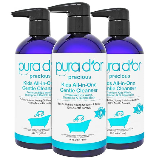 PURA D'OR Kids Wash (16oz x 3 = 48oz) All-in-One Gentle Cleanser - USDA Biobased, Sulfate-Free, Tear-Less, Hypoallergenic, Premium, Shampoo & Bubble Bath
