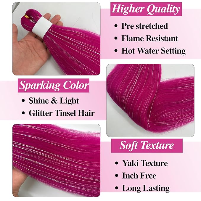 MagentaTinsel Braiding Hair Pre stretched Braiding Hair for Glitter Braids Festival Braids Cosplay