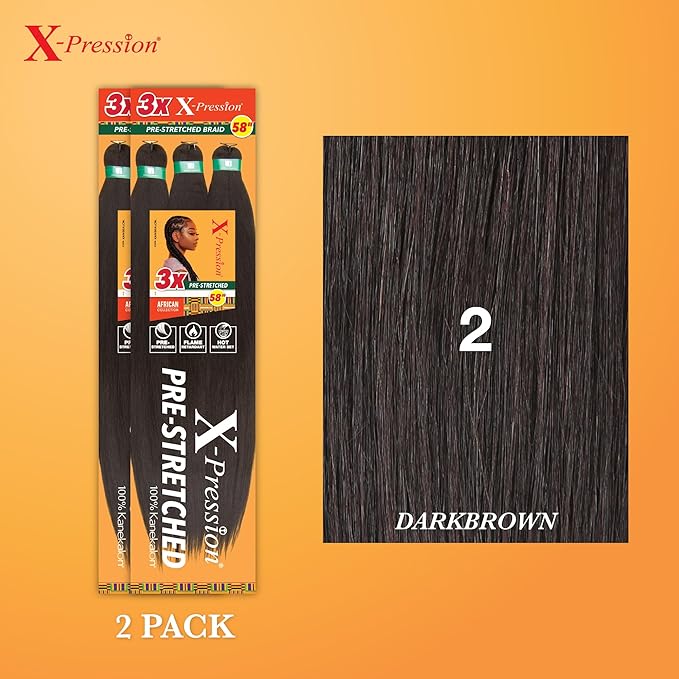 Sensationnel X-pression prestretched braiding hair - 3x braid 58 inch all kanekalon flame retardant synthetic braid for box braids and twists (2 pack, 2 DARKBROWN)