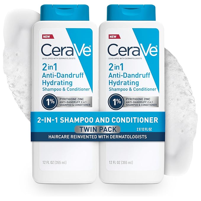 CeraVe 2 In 1 Hydrating Anti Dandruff Shampoo And Conditioner Twin Pack, 1% Pyrithione Zinc Dandruff Treatment Helps Eliminate Dandruff, Color Safe & Sulfate Free, 12 Fl Oz Each (Set of 2)