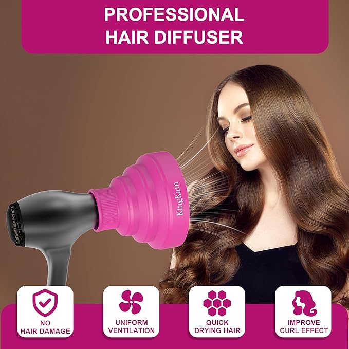 Collapsible Silicone Hair Dryer Diffuser - Travel and Easy Storage - Fit Most Hair Dryers with Nozzle Diameter D-1.575Inch to 1.968 Inch (4-5cm) - Pink