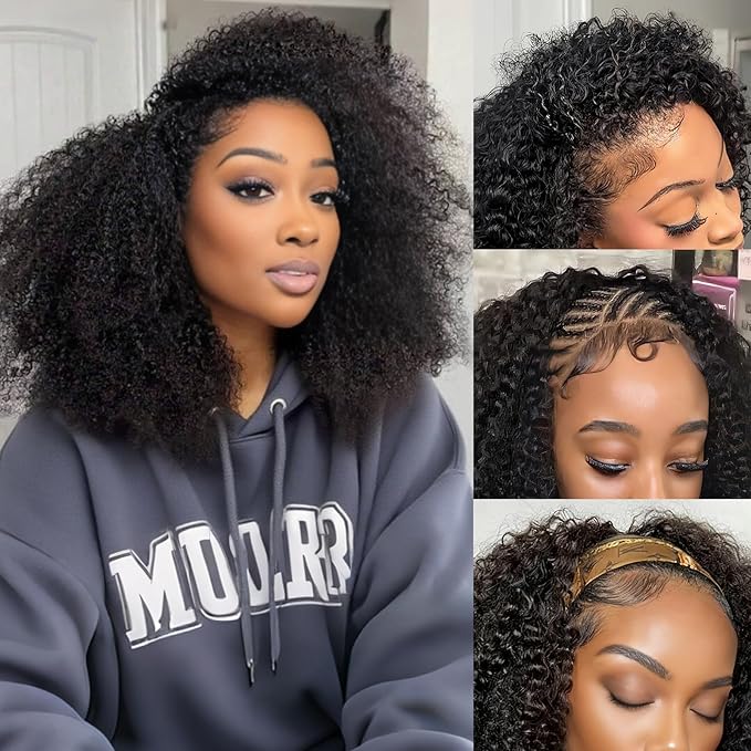 20 Inch Half Wig Human Hair 250% Density Flexi-Fit Invisible 3 In 1 Seamless Flip Drawstring Headband Wig Wear Go Beginner Friendly Kinky-Curly Glueless Wigs Human Hair For Women