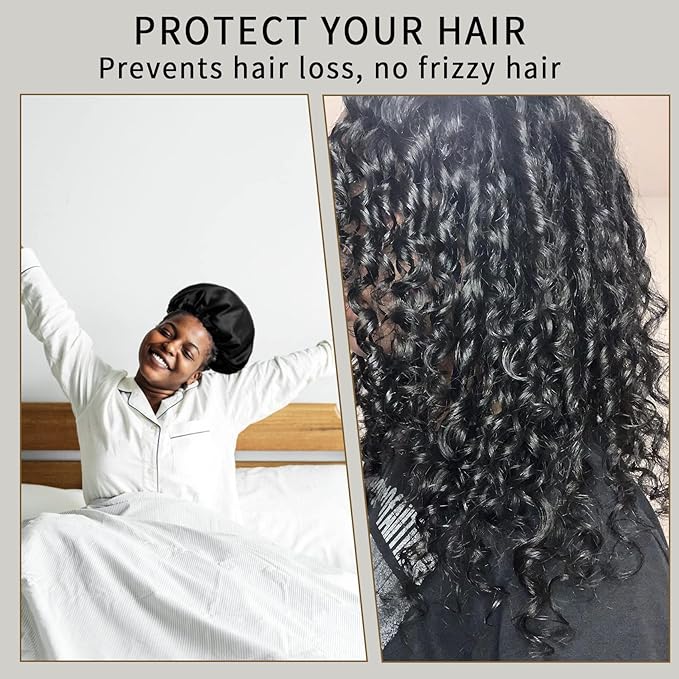 RedJoe 22 Momme 100% Mulberry Silk Bonnet Hair Wrap for Sleeping, Adjustable Silk Scrunchies Sleep Cap for Women Men Hair Care, Head Scarf Night Caps with Elastic Stay On Head, 1Pc(Black,Black)