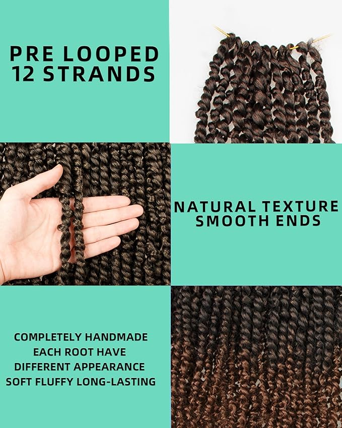 20 Inches 8 Packs Pre Looped Passion Twist Crochet Hair for Black Women-Ombre Brown,Super Long Hair Extensions Braided by Synthetic Spring Kinky Twist Curls Ends(20"-8 Packs,T30)