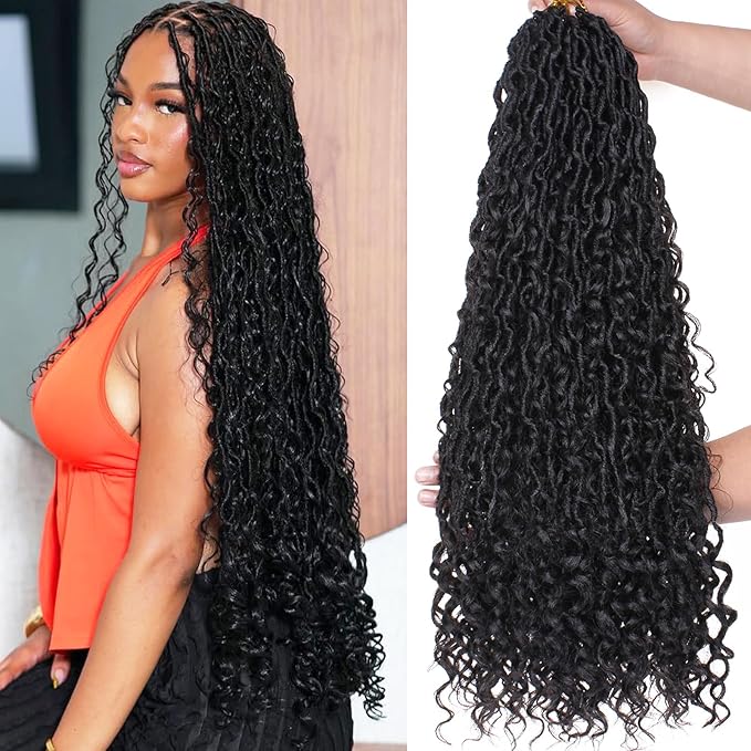 COOKOO 24 Inch New Goddess Locs Crochet Hair 8 Packs Wavy Faux Locs Synthetic Hair with Curls Pre Looped Boho Soft River Locs Crochet Hair Synthetic Hair Extensions 1B#