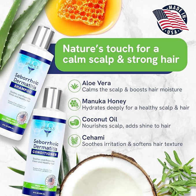 Sulfate Free Shampoo and Conditioner Set for Seborrheic Dermatitis Relief - Severe Dry & Itchy Scalp Treatment with Manuka Honey, Aloe Vera & Coconut Oil - Safe for Color Treated Hair (8 oz)