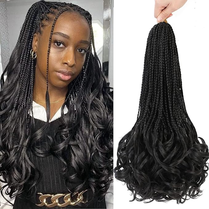 French Curl Crochet Braids 18 Inch Goddess Box Braids Crochet Hair for Women 8 Packs Pre Looped Crochet Box Braid with Curly Ends Synthetic French Curly Braiding Hair Extensions (1B#)