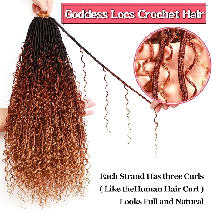 Goddess Locs Crochet Hair-24 Inch 8 Packs Boho Faux Locs Crochet Hair for Black Women Pre Looped Soft Locs with Curly Ends (1B/30/27, 24 Inch(Pack of 8))