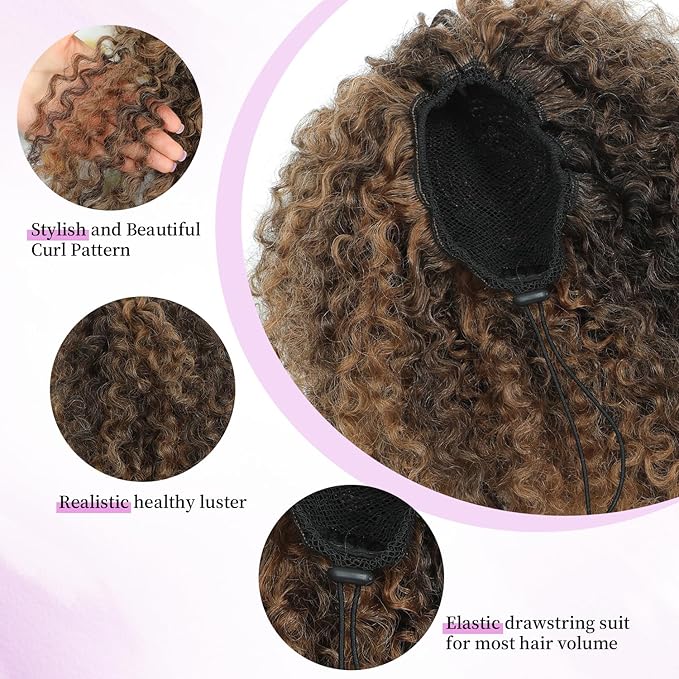 Drawstring Curly Ponytail Extensions for Black Women Protein Silk Fiber Human Hair Soft Feeling Afro Kinky Curly Hair Puff Pony tails Lightweight, Soft Natural Budget-Friendly for Daily Styles