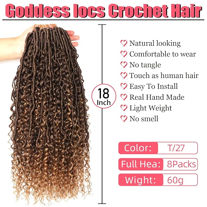 Goddess Locs Crochet Hair-18 Inch 8 Packs Boho Faux Locs Crochet Hair for Black Women Pre Looped Soft Locs with Curly Ends (T27, 18 Inch(Pack of 8))