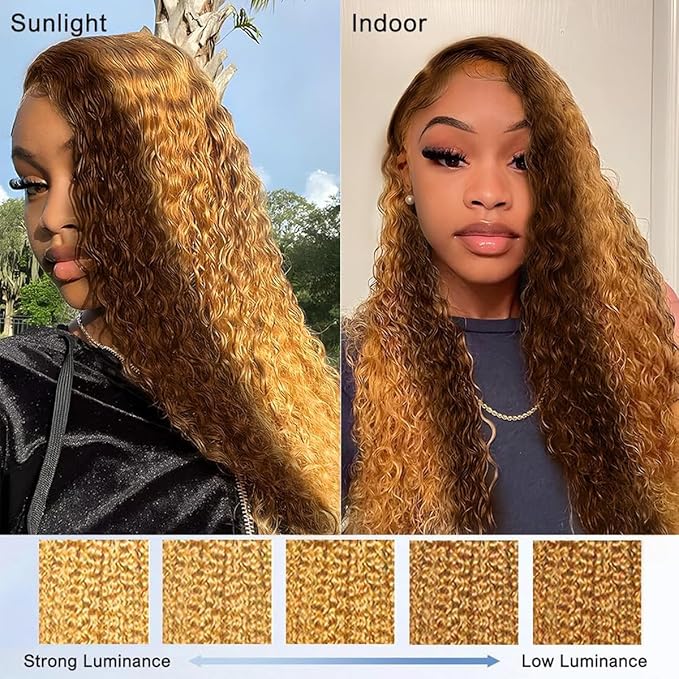 MEGOOD 250% Density 13x6 Highlight Ombre Lace Front Wig Human Hair 13x6 HD Honey Blonde 4/27 Curly Wig Human Hair Pre Plucked Deep Wave Lace Front Wigs Human Hair Colored Wigs 28Inch