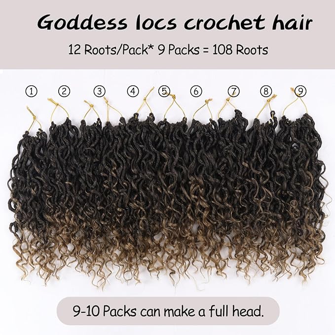 Goddess Locs Crochet Hair,8 Inch 9 Packs Faux Locs Synthetic Crochet Hair for Black Women, Boho Style Pre looped crochet with Curly Ends