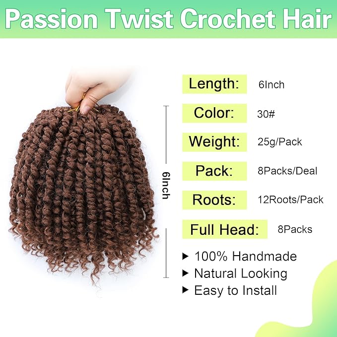 Passion Twist Crochet Hair 6Inch Passion Twist Hair 8 Packs Pre-Twisted Passion Twist Crochet Hair for Black Women Soft Passion Twist Curly Crochet Hair 6"(Pack of 8) 30#