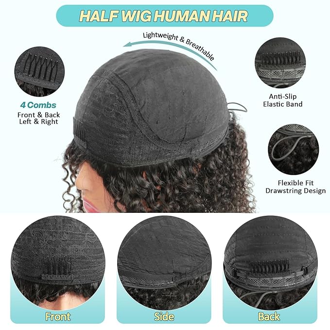 Kinky Curly Half Wig Human Hair 200% Density Wear Go Glueless Wigs Human Hair 22 Inch Curly 3 In 1 Half Wigs for Women Drawstring Seamless Flip Headband Wig Beginner Friendly