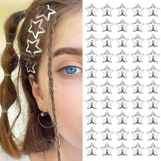 Star Hair Clips 2000s Y2K Snap Hair Barrettes Non Slip Star Hair Accessories Silver Metal Hair Clips for Girls Women -50 PCS 1.18"