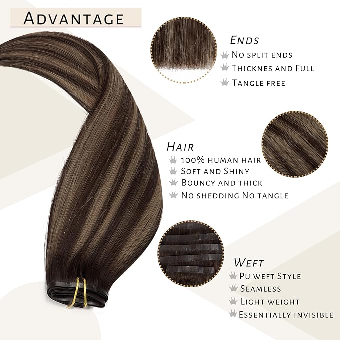 Caliee Seamless Hair Extensions Human Hair 20Inch Technology Invisi-PU Weft Clip in Hair Extensions R2-2-6 Chestnut Brown Mixed Dark Brown Thick Soft Silky Straight Hair Extensions for Women 110G 7Pcs