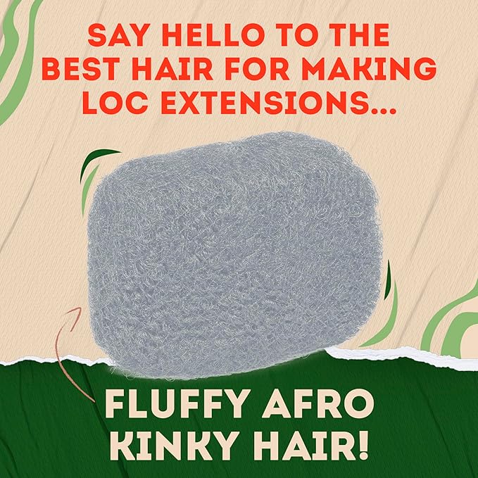 Locsanity Afro Kinky 100% Bulk Natural Human Hair - Braiding Hair for Dreadlocks, Loc Repair, Dreadlock Extensions, Twists, Braids - 8 Inches Long, 1 Oz 100% Grey