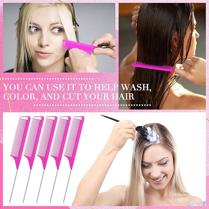 Patelai 30 Pieces Rat Tail Combs Bulk, Hair Teasing Fine Tooth Pintail Combs Braiding Hair Styling Tools with Steel Pin for Stylists Salon Teasing Sectioning Coloring Detangling(Rose Red)